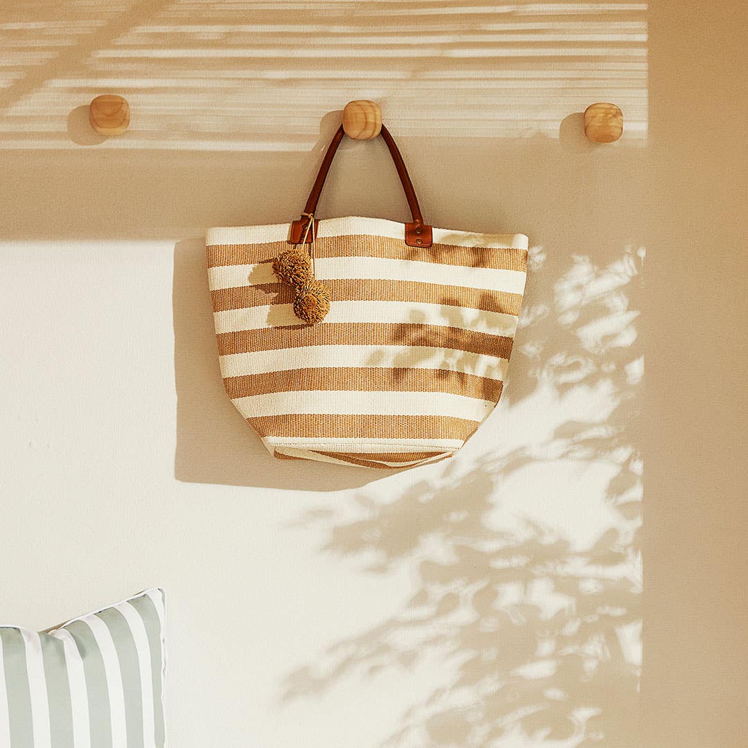 Striped Tote With Pom Pom