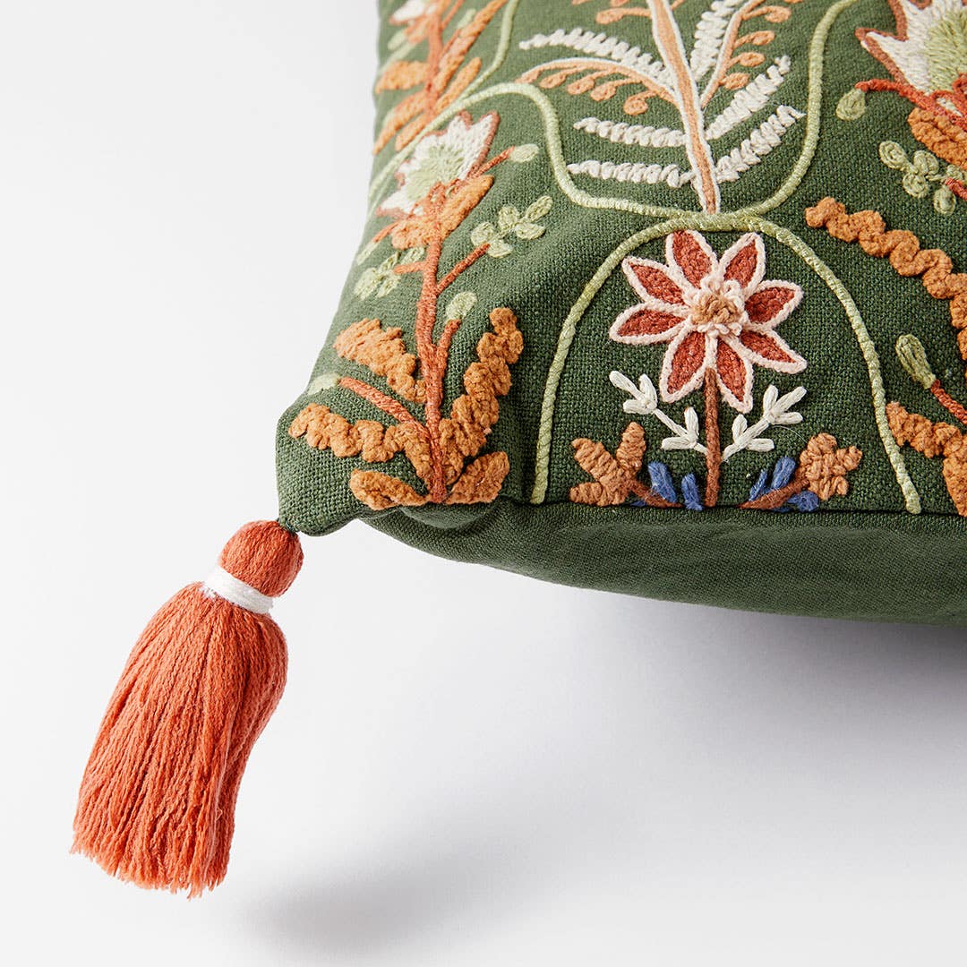 Botany Embroidered Cushion - Sage/Multi